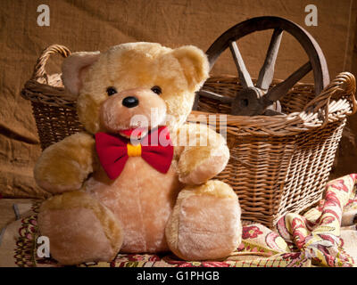 Teddy Bär sitzt vor Weidenkorb Stockfoto
