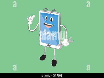Vektor-Illustration der Smartphone mobile Cartoon Charakter Holding Schraubenschlüssel. Online-Reparatur-Service-Konzept. EPS 10 Stock Vektor