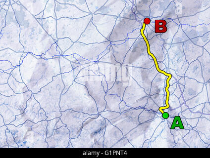 Symbolische Darstellung des Abstandes zwischen zwei Punkten auf einem Kartenblatt von Papiersimulation. Ansicht von oben Stockfoto
