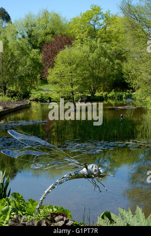 Libelle-Skulptur mit Blick auf einen Teich in Sir Harold hügeliger Gärten in Romsey England uk Stockfoto