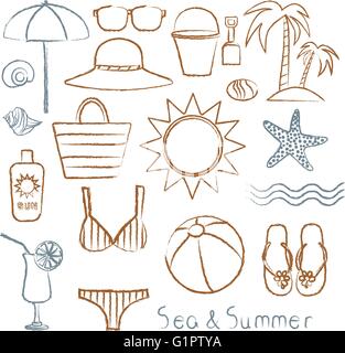 Handgezeichnete Meer Symbole-set 1 Stock Vektor