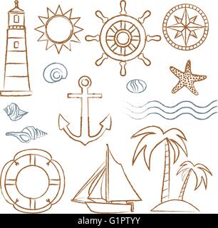 Handgezeichnete Meer Symbole set 2 Stock Vektor