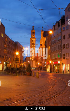 Augsburg, Maximilianstraße, Maximilianstraße, Perlach-Turm, Rathaus, romantische Straße, Romantische Strasse, Schwaben, Bayern, G Stockfoto