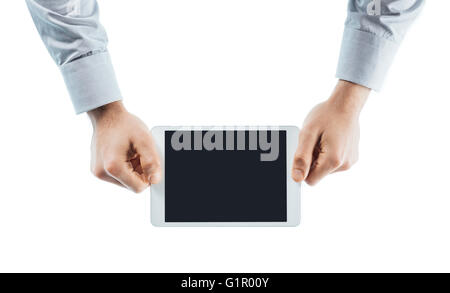 Geschäftsmann mit einem digitalen Tablet Hände schließen sich mit Textfreiraum, unerkennbar person Stockfoto