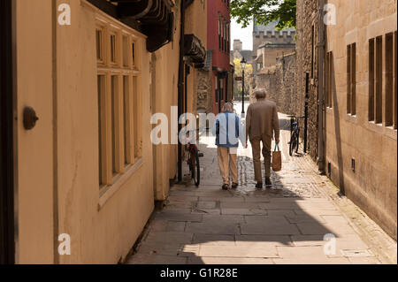 Liebe stirbt nie zwei alte Rentner auf romantische alte Oxford Steinplatten Weg hand in hand gehen Stockfoto