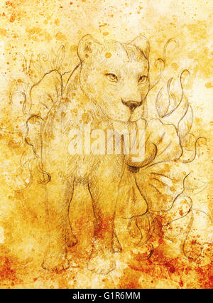 Löwin mit Blume, Bleistiftzeichnung auf Papier. Farbwirkung und Computer-Collage. Stockfoto