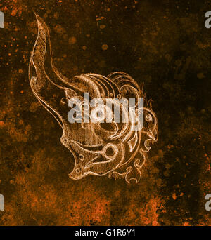 Vogel und Ornament, original Bleistift-Zeichnung, Skizze auf Papier. Farbeffekt. Stockfoto