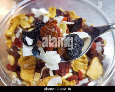 Goji, Heidelbeeren, Preiselbeeren, Kokosnuss, Ananas und Banane Früchte auf einem Metalllöffel zu trocknen Stockfoto