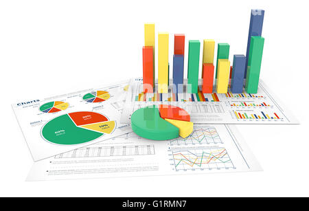 3D Abbildung von Finanzdokumenten mit bunten 3D Grafiken und Kreisdiagramme. Stockfoto