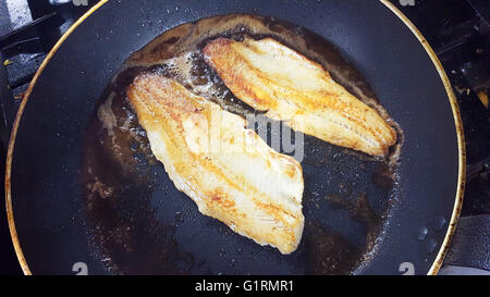 Zander oder Zander Filets, in einer Pfanne in einer Restaurantküche Stockfoto