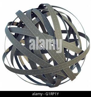 Abstrakten Bereich der verworrenen Straßen, isoliert auf weißem Hintergrund. 3D illustration Stockfoto