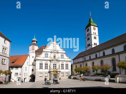 Rathaus und Pfarrkirche St. Martin, Gallus und Magnus auf dem Marktplatz, Wangen im Allgäu, Westallgäu, Allgäu, Swabia Stockfoto