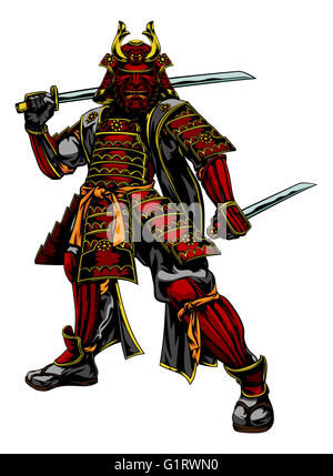 Ein Beispiel für einen japanischen Samurai-Krieger stehen und halten zwei Schwerter Stockfoto