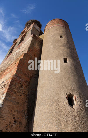 Villar de Mazarife, Spanien: Glockenturm der Pfarrkirche von Villar de Mazarife. Oben auf dem Glockenturm sind die Storchennester. Stockfoto