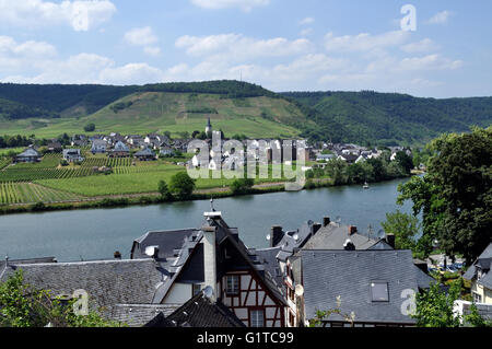Blick vom Beilstein, Deutschland, über die Mosel in Richtung Ellenz. Stockfoto