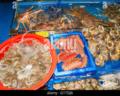 Stachelhäuter, Krebstiere und Tintenfische zu verkaufen, Noryangjin Fischmarkt, Seoul, Südkorea Stockfoto