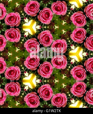 HD nahtlose Textur, Krone von rosa Rosen mit Kaleidoskop-Effekt Stockfoto