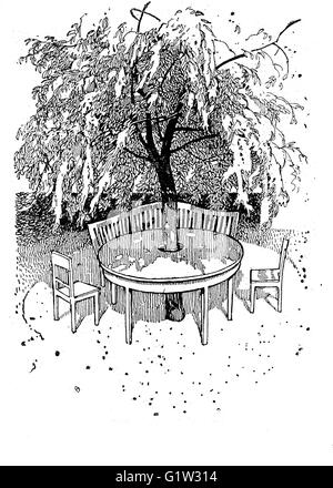 Vintage Illustration: angenehm gemütliche Ecke im Garten unter einem Baum Schatten mit Stühlen, Bank und ein runder Tisch gebaut um den Stamm Stockfoto