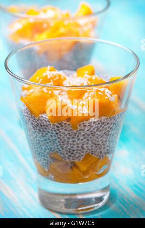 Chia Pudding mit Soja (Kokosnuss, Mandel) Milch und Mango Stücke in einem Glas (Vegan, glutenfrei) Stockfoto