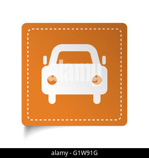 Weiße flache Auto-Symbol auf orange Aufkleber Stockfoto