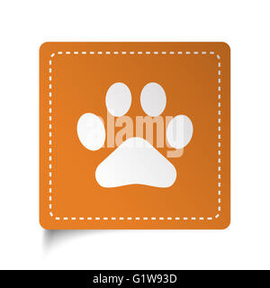 Weiße flache Paw Print-Symbol auf orange Aufkleber Stockfoto