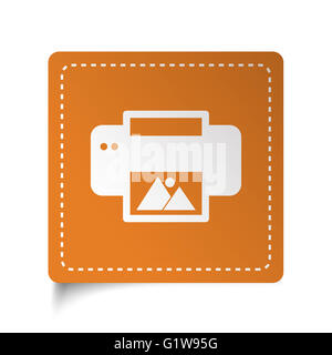 Weiße flache Foto drucken Symbol auf orange Aufkleber Stockfoto