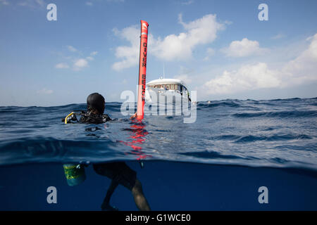 Signalboje, die an der Oberfläche des Tauchers Lage an der Oberfläche des Ozeans sichtbarer machen bläst. Stockfoto