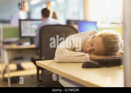 Geschäftsfrau, schlafen auf Schreibtisch im Büro Stockfoto