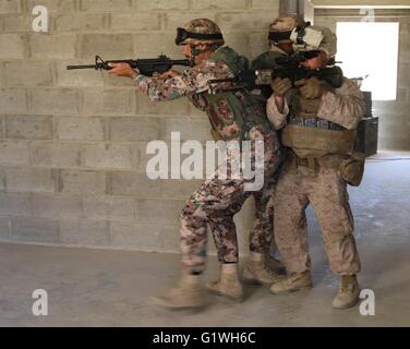 Königliche jordanische Armee Quick Reaction Force-Kommandos und ein US-Marine durchführen ein Urban Training während Übung Eager Lion 19. Mai 2016 in der Nähe von Zarqa, Jordanien. Stockfoto