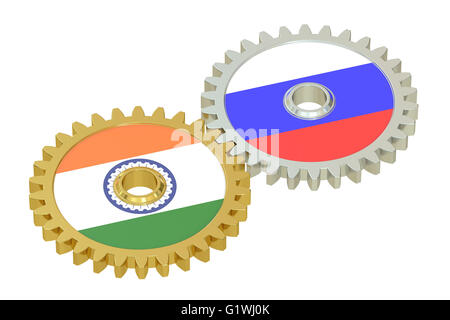 Flagge von Russland und Indien auf die Zahnräder, 3D rendering Stockfoto