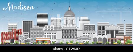 Madison Skyline mit grauen Gebäuden und blauer Himmel. Vektor-Illustration. Geschäftsreisen und Tourismus-Konzept mit modernen Gebäuden Stock Vektor