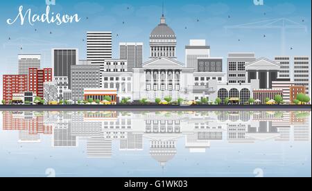 Madison Skyline mit grauen Gebäuden, blauer Himmel und Reflexionen. Vektor-Illustration. Geschäftsreisen und Tourismus-Konzept Stock Vektor