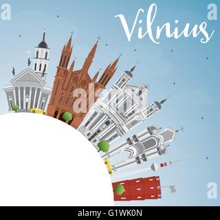 Skyline von Vilnius mit grauen Wahrzeichen, blauer Himmel und Textfreiraum. Vektor-Illustration. Geschäftsreisen und Tourismus-Konzept Stock Vektor