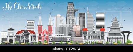 Ho-Chi-Minh-Skyline mit grauen Gebäuden und blauer Himmel. Vektor-Illustration. Geschäftsreisen und Tourismus-Konzept Stock Vektor