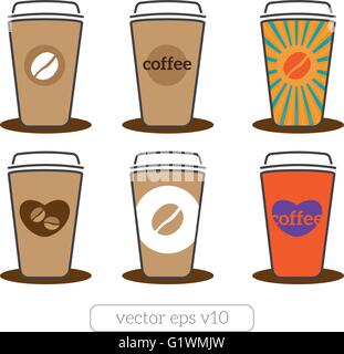 Kaffee Tassen Symbole mit Kaffeebohnen, Herz, Text vektor Illustration flaches design Stock Vektor