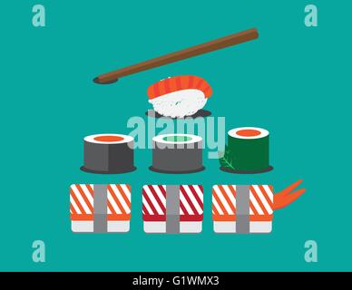 Sushi Set. Soja-Sauce und Sushi-Rolle. Japanisches Essen. Satz von verschiedene Arten von Sushi, isoliert Stock Vektor