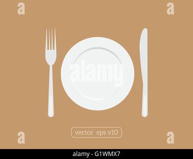 Platte Teller mit Messer und Gabel. Schild-Symbol zu essen. Stock Vektor