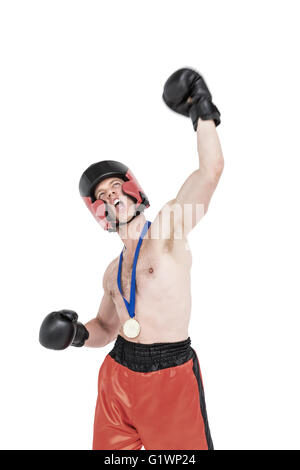 Boxer tragen Goldmedaille Boxen Haltung durchführen Stockfoto