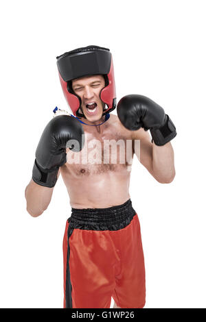 Boxer, die Medaille, die Durchführung von Boxen Haltung tragen Stockfoto