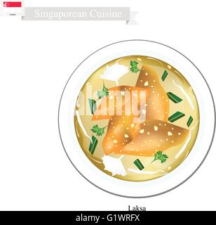 Singapurischer Küche, Laksa oder traditionelle Reisnudeln und Knödel in würzige Suppe serviert. Eines das beliebteste Gericht in Singapo Stock Vektor