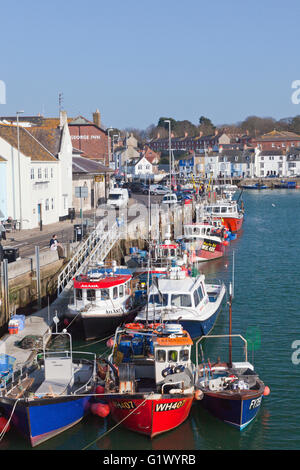 Bunte Fischerboote vertäut am Kai auf dem Fluss Wey in Weymouth Hafen, Dorset, England, UK Stockfoto