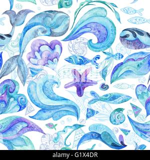 Nautische Unterwasser Textur mit Fische, Wale, Seesterne, Muscheln und Wellen isoliert auf weißem Hintergrund für Tapeten und fab Stockfoto