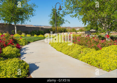 Gepflegten Blumen und Rasen neben einer leeren Bürgersteig in s Park. Stockfoto