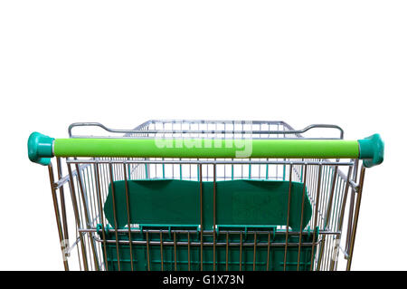 Leerer Einkaufswagen im Supermarkt Gang. Rückansicht mit Perspektive. horizontale Komposition Stockfoto