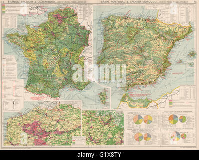 Frankreich-Belgien-Spanien-Portugal. Kommerzielle Entwicklung. Verarbeitendes Gewerbe, 1925-Karte Stockfoto