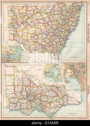 NEW-SOUTH.WALES & VICTORIA. Grafschaften. Melbourne & Sydney. Australien, 1912 Karte Stockfoto