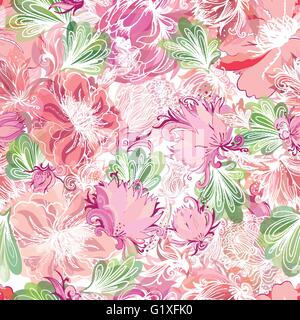 Bright Sommer floral nahtlose Textur mit skizzieren, Illustrationen und Aquarelleffekt in sanften rot und rosa Farben Stock Vektor