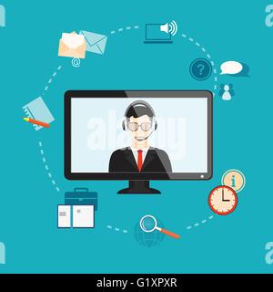 Flaches Design moderne Vector Illustration Konzept der Business Webinar, Online Seminar, Nachrichten mit Monitor, Mann und Business Stock Vektor