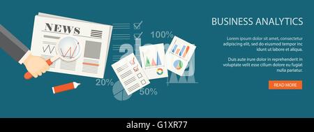Flaches Design moderne Vektor-illustration Geschäftskonzept mit Lupe in der Hand, Zeitung, Symbole und Hand gezeichneten Symbole. eps 1. Stock Vektor