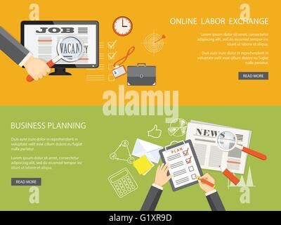 Flaches Design moderne Vector Illustration. Satz von Banner für Business Site mit Händen, Computer, Loupe, Zeitung, Icons und Hand Stock Vektor